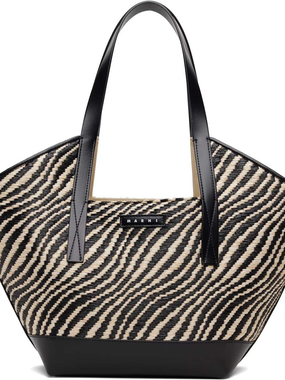 Marni Black and Natural Zebra Raffia Tote Bag with Leather Straps and Detail